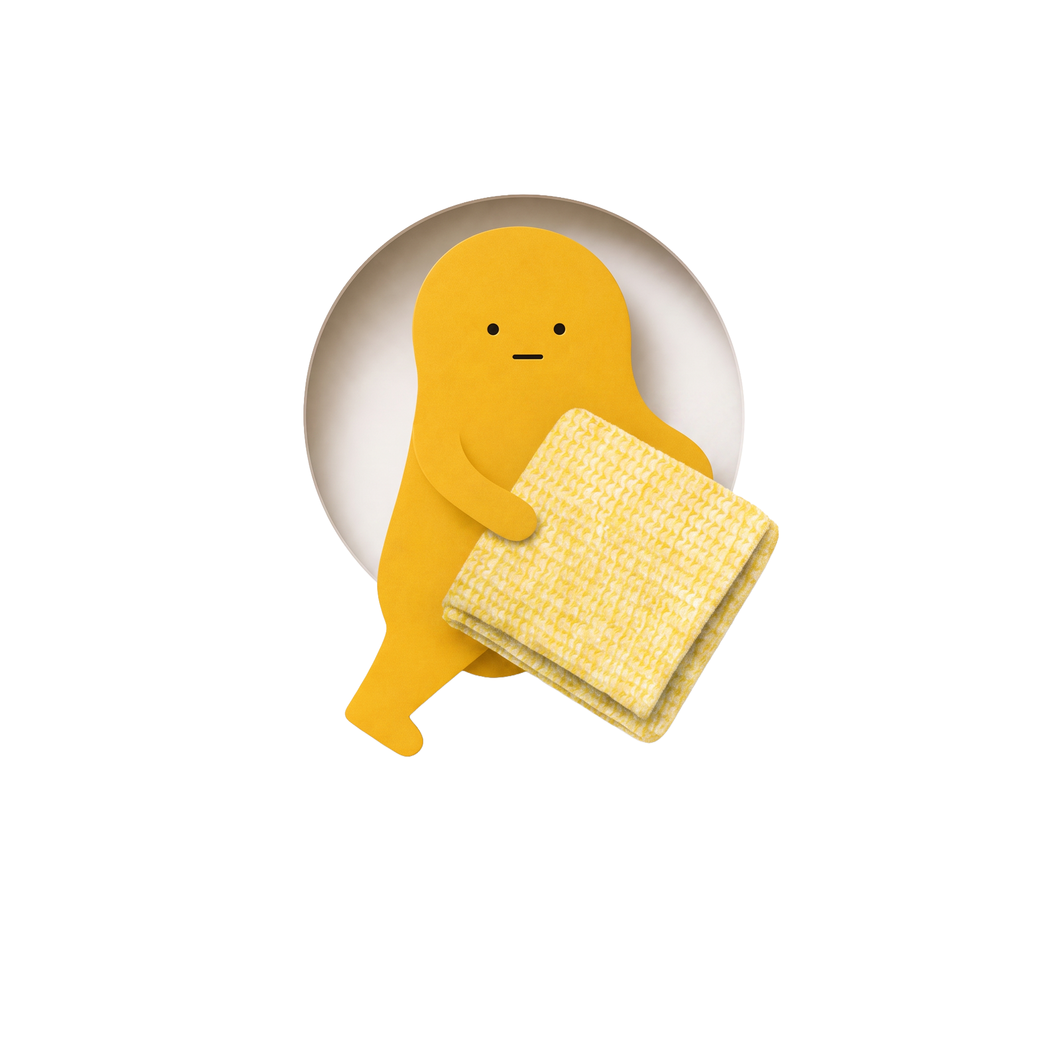 A yellow ZONO character holding a towel beside close-up fabric details
